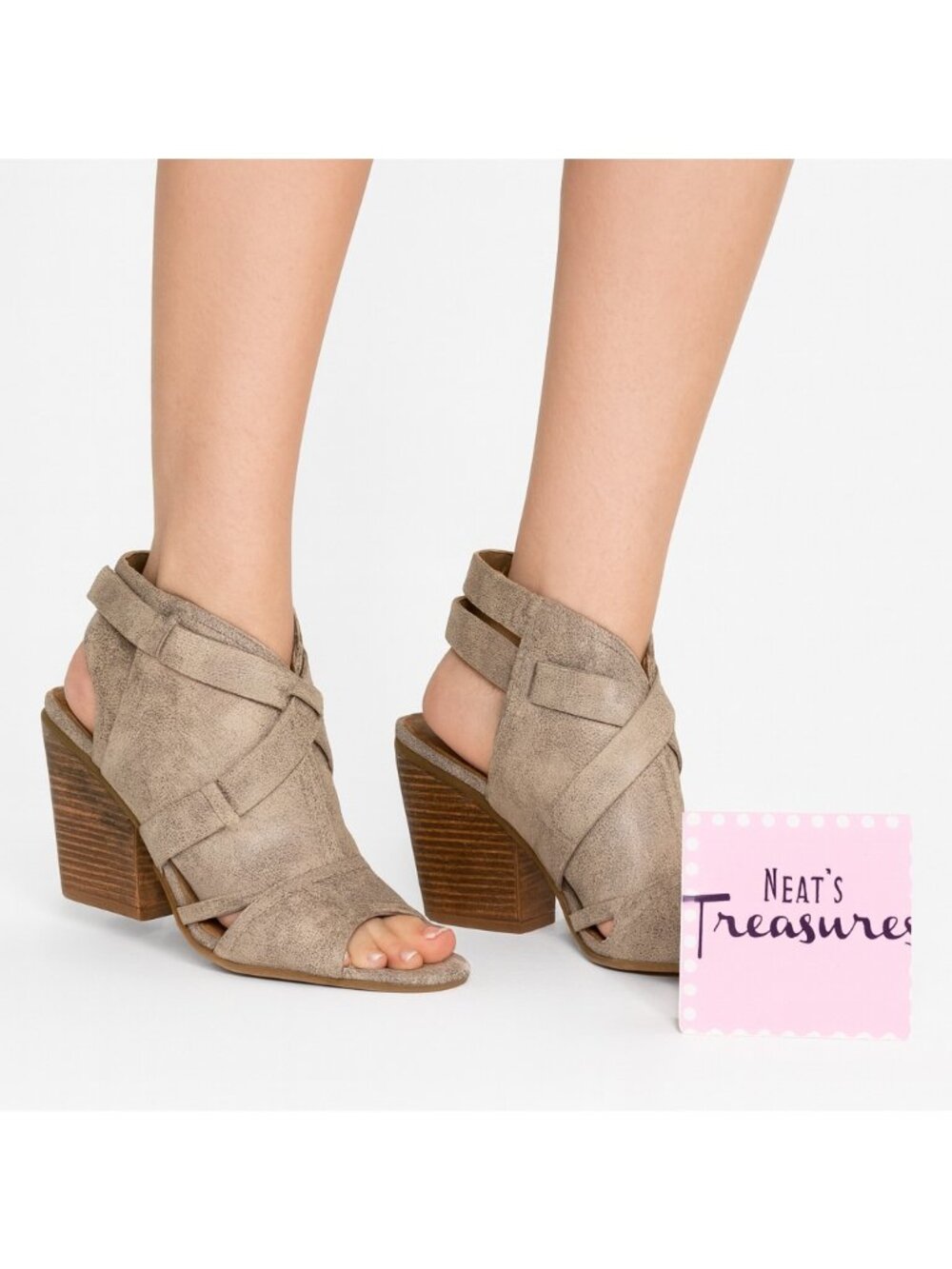 Lucca Lane ANALISE Gray Leather Stacked Heeled Peep Toe Booties Sandal Size 10 M